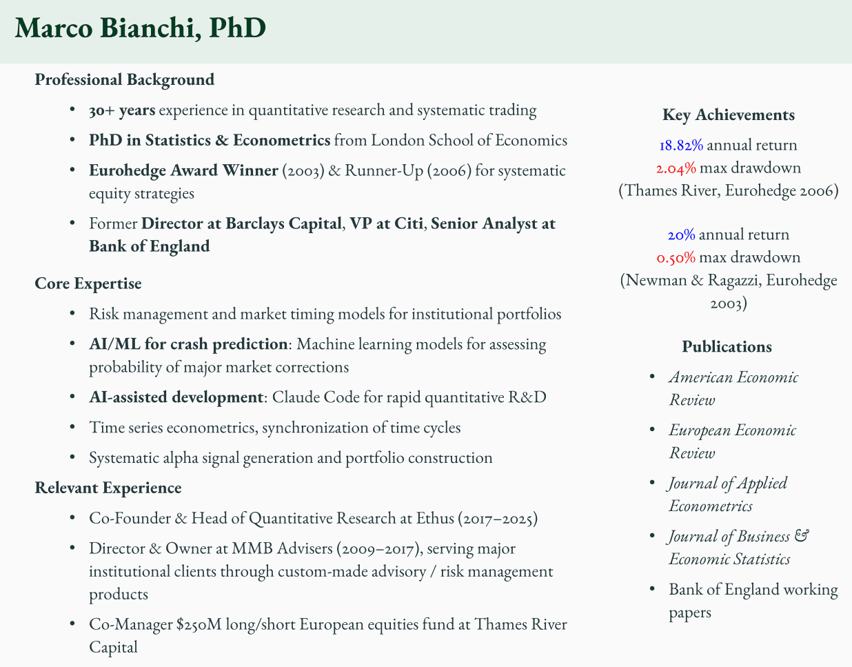 Marco Bianchi one-page professional bio